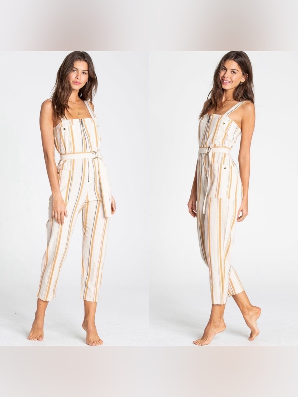 Billabong Cream & Yellow Striped Utility Jumpsuit